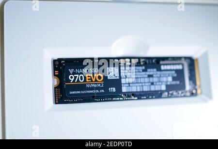 London, United Kingdom - Jan 18, 2019: Close Up view of new fast Samsung 970 EVO NVMe M2 1tb disk drive in plastic package - tilt-shift photo focus on the brand name Stock Photo