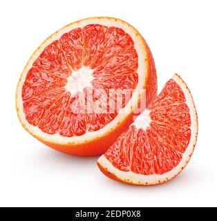 Half and slice of blood red orange citrus fruit isolated on white background with clipping path Stock Photo