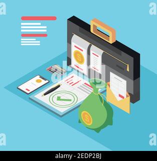 tax day, briefcase documents calculator money and smartphone vector illustration isometric Stock Vector