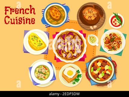 French cuisine healthy food icon of cheese ham toast with fried egg, onion cream soup, seafood stew, cabbage soup in rye bread bowl, cabbage pork stew Stock Vector