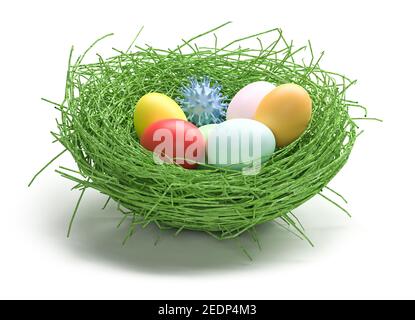 Easter and Coronavirus concept: An easter nest with colored easter eggs and a corona virus model. Isolated on white. Stay safe at easter. Stock Photo