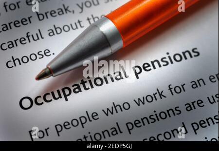 OCCUPATIONAL PENSION LITERATURE WITH PEN RE PENSIONS RETIREMENT SAVINGS STATE PENSION OLD AGE ETC UK Stock Photo