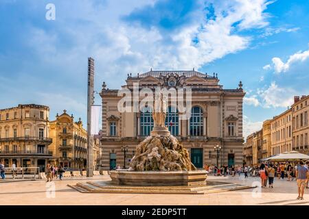 The opera and the fountain of the three graces on the place of comedy in Montpellier in Occitanie, France Stock Photo