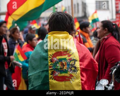 Protestors celebrate after the resignation of Bolivian president Evo Morales in La Paz, Bolivia, on November 10, 2019. Stock Photo