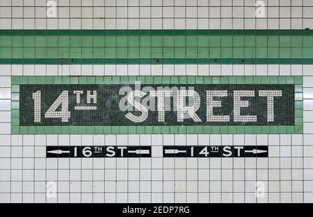 Tiled 14th Street subway sign or  terracotta mosaic, taken in 2010, NYC, USA Stock Photo