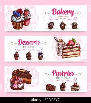 Bakery and pastry desserts banner. Chocolate and strawberry cake, cupcake with cream and berry, cherry fruit cream dessert on cookie. Cafe menu card, Stock Vector