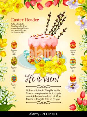 Easter cake and egg cartoon poster template. Easter holiday sweet bread with painted eggs, decorated by spring flowers of tulip, lily, narcissus and w Stock Vector
