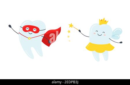 Children tooth fairy. Cute tooth with wings, a crown and a magic wand ...