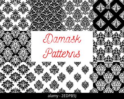 Damask patterns. Vector pattern of ornamental floral decoration elements. Luxurious royal baroque ornaments and imperial decorative flourish black and Stock Vector