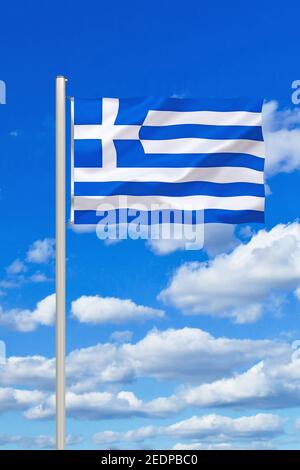 flag of Greece against blue cloudy sky,  Griechenland Stock Photo