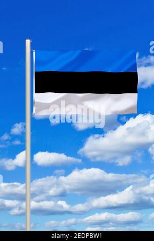 Flag of Estonia on blue sky background. Estonian flag waving in wind ...