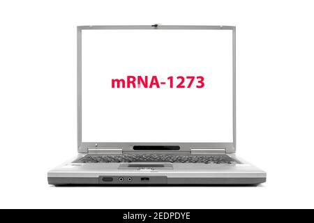 laptop with the word mRNA-1273 on the screen, codename of the Covid-19 vaccine of Moderna Stock Photo
