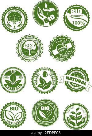 Eco green and natural food, bio, organic product symbol set. Green stamp badges with farm fresh apple fruit, leaf, tree, plant in hands and water drop Stock Vector