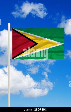 flag of Guyana against blue cloudy sky, Guyana Stock Photo