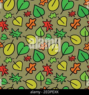 Autumn leaves seamless pattern, green orange leaf. Primitive style vector illustration design for textile print, wrapping paper, cover, web, print Stock Vector