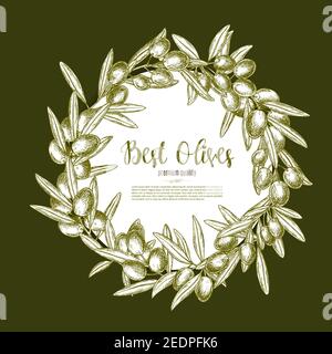 Olive wreath with fruit and leaves sketch poster. Round frame of olive tree branches with ripe fruit for natural organic food or olive oil label, medi Stock Vector