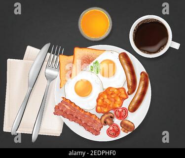 Traditional english breakfast on a plate, top view. Vector illustration. Stock Vector