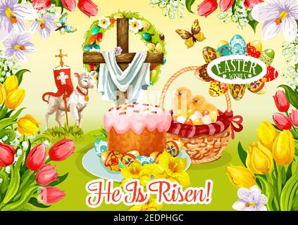 Easter Day wishes greeting card. Easter egg and cake, egg hunt basket with chicken chicks, cross with floral wreath and lamb of God on grass meadow po Stock Vector