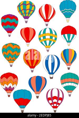 Hot air balloon icons of vector isolated inflated hopper or cloudhopper balloons aircraft with design patterns of zig zag, stripes and gondola or wick Stock Vector