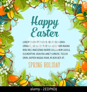 Easter spring holiday cartoon poster. Floral Easter wreath, made up of lily and tulip flowers, painted eggs and grapevine with copy space in the cente Stock Vector