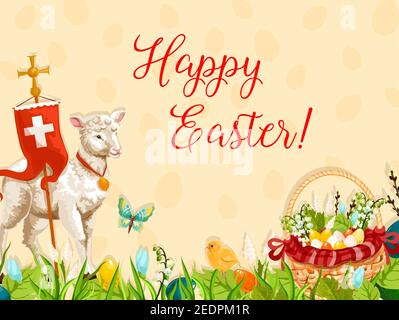 Easter lamb of God with cross greeting poster. Easter sheep, chicken chick and basket with Easter eggs, spring flowers and willow tree branches on gre Stock Vector