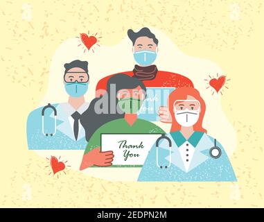 medical personnel and patient characters with word thanks you vector illustration Stock Vector