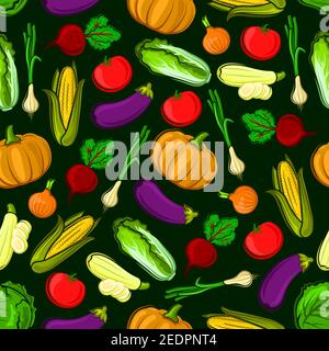 Vector icons of vegetables in seamless pattern. Vegetarian fresh ripe of pumpkin, eggplant, napa cabbage, zucchini, leek, corn, tomato, beet, onion. K Stock Vector
