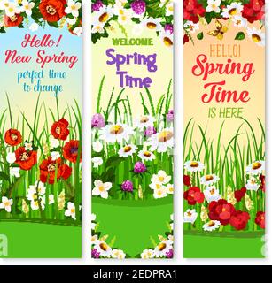 Springtime greetings vector banners set with Hello Spring wishes. Holiday design of blooming poppy and begonia flowers, daisy or daffodil blossoms and Stock Vector