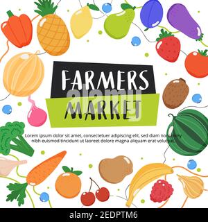 Farmers market background with fruits and vegetables and hand drawn lettering Stock Photo