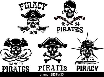 Piracy emblems and Jolly Roger pirate vector icons of captain skull in tricorne hat and eyepatch, bandana. Robber sailor or filibuster symbols of swor Stock Vector