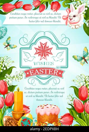 Easter greeting poster of paschal eggs and kulich, bunny and candles for resurrection sunday invitation or greeting card. Vector symbols of springtime Stock Vector