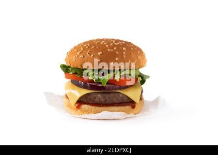 Cheeseburger with beef,tomato, lettuce and onion isolated on white background Stock Photo