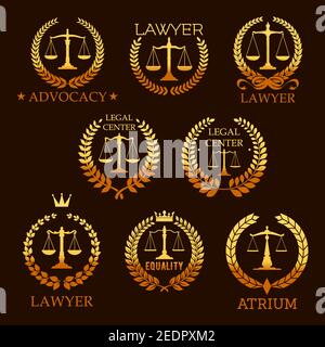Lawyer office, law firm and legal center golden emblem set. Scale of justice gold symbol, framed by laurel and floral wreath with ribbon, crown and st Stock Vector