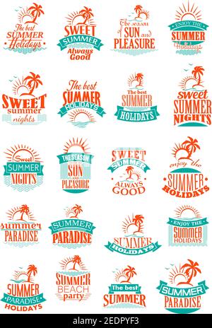 Summer holidays icons set. Sea holiday vacations or travel adventure symbols of sun and sand beach paradise, ocean waves with palms and sunset for rel Stock Vector