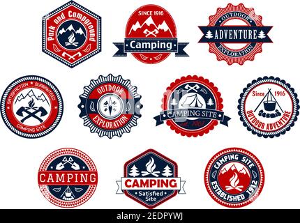 Camping site and outdoor adventure badge set. Mountain and forest campground stamp label with campfire, tent, compass, axe, shovel and ribbon banner. Stock Vector