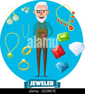 Jeweler profession or goldsmith man with eyeglass magnifier and jewelry gem items of gold ring with jewels and diamonds. Vector golden earrings and si Stock Vector