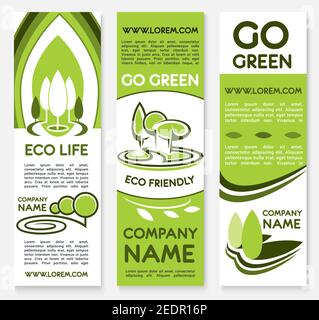 Eco friendly business banner template set. Bio green company poster and flyer with trees, plants, leaves emblems and text layout for ecology, environm Stock Vector