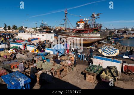 Essaouira, Morocco - April 15, 2016: Fisherman in the harbor at the city of Essaouira, with the the traditional fishing boats, in the Atlantic Coast o Stock Photo