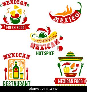 Mexican restaurant or cafe bar icons set. Mexico cuisine vector symbols of spicy chili pepper jalapeno, tequila drink and lime, nachos chips with sals Stock Vector