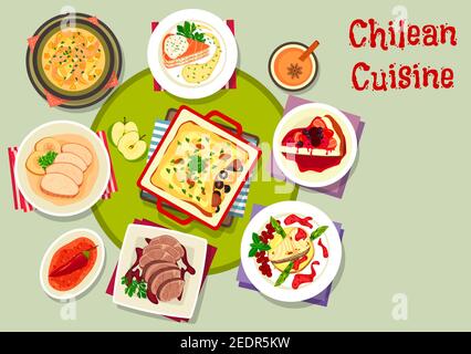 Chilean cuisine icon with chili sauce, grilled fish with fruit sauce, salmon onion soup, pork apple stew, beef steak with wine sauce, salmon cheese pi Stock Vector
