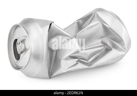 Crumpled empty blank soda or beer can garbage isolated on white background with clipping path Stock Photo