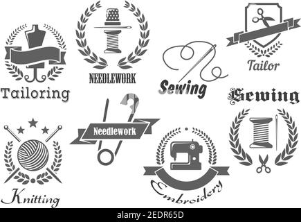 Sewing or tailor vector icons. Emblems for embroidery, tailoring or knitting needlework with sew thread in needle and thimble, scissors and wool clew, Stock Vector