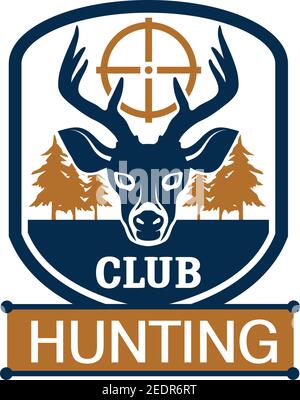 Hunting badge of hunt club. Deer animal head with target and forest trees on heraldic shield emblem for hunting sport and hunter club design Stock Vector