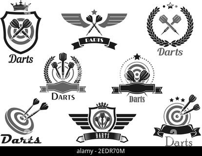 Darts club or contest vector icons set. Emblems for dart game competition and winner award of dartboard and arrows. victory cup and banner or heraldic Stock Vector