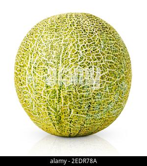 Single ripe green yellow melon isolated on white background with clipping path Stock Photo