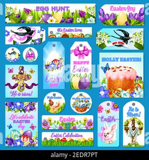 Easter greeting cards, banners and tags. Paschal design of eggs and cake, holy cross crucifix and spring flowers or willow wreath bunch and swallows. Stock Vector
