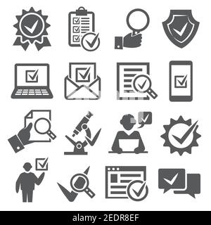 Check and quality icons on white background Stock Vector