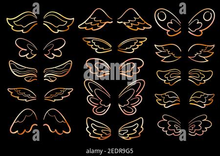Cute wing in golden line art, vector illustration on black background. Golden wing of angel, muse, sorceress, butterfly, fairy character. Comic wing c Stock Vector