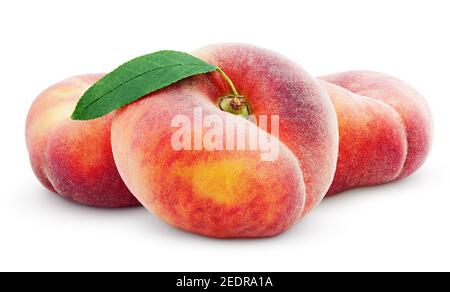 Three chinese flat donut peaches with leaf isolated on white with clipping path Stock Photo