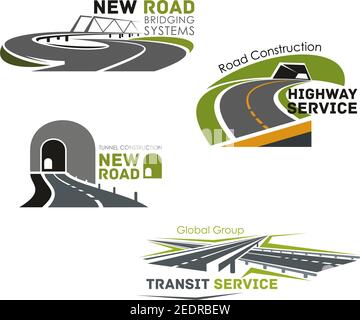 Road construction company vector icons. Emblems set for highway transit bridge building and motorway tunnels service or expressway drives and transpor Stock Vector